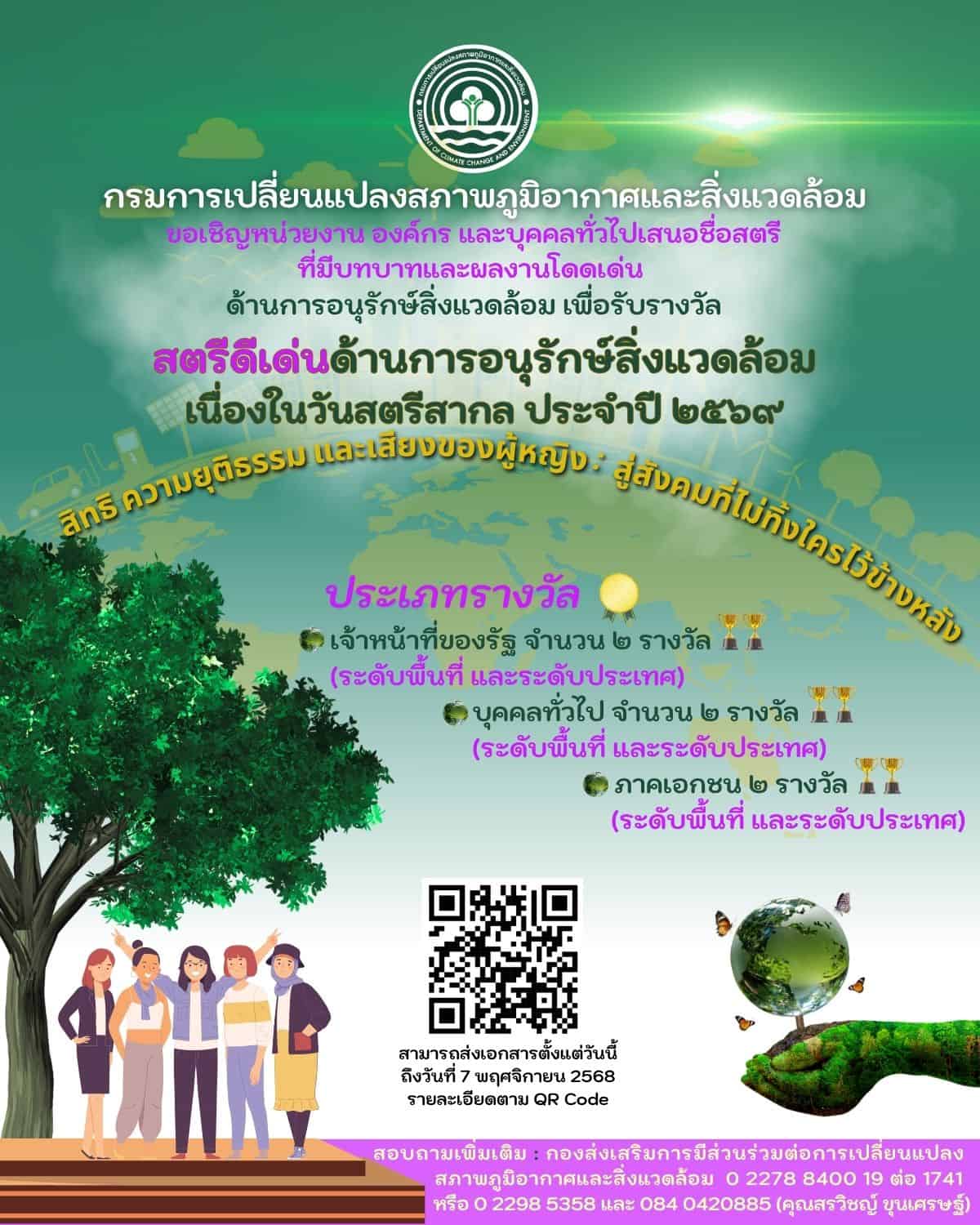 ขอเชิญหน่วยงาน องค์กร และบุคคลทั่วไปเสนอชื่อสตรี ที่มีบทบาทและผลงานโดดเด่น ด้านการอนุรักษ์สิ่งแวดล้อมฯ เนื่องนวันสตรีสากล ประจำปี 2569