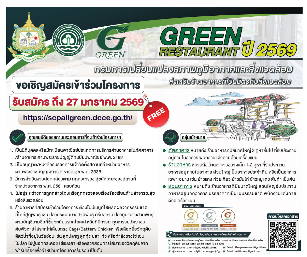 กรมลดโลกร้อน เปิดรับสมัครร้านอาหารที่เป็นมิตรกับสิ่งแวดล้อม (Green Restaurant) ปี 2569